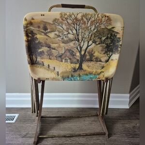 Quaker Industries Inc. Vintage Fibreglass 4 TV Trays + Stand Cabin Scene  MCM